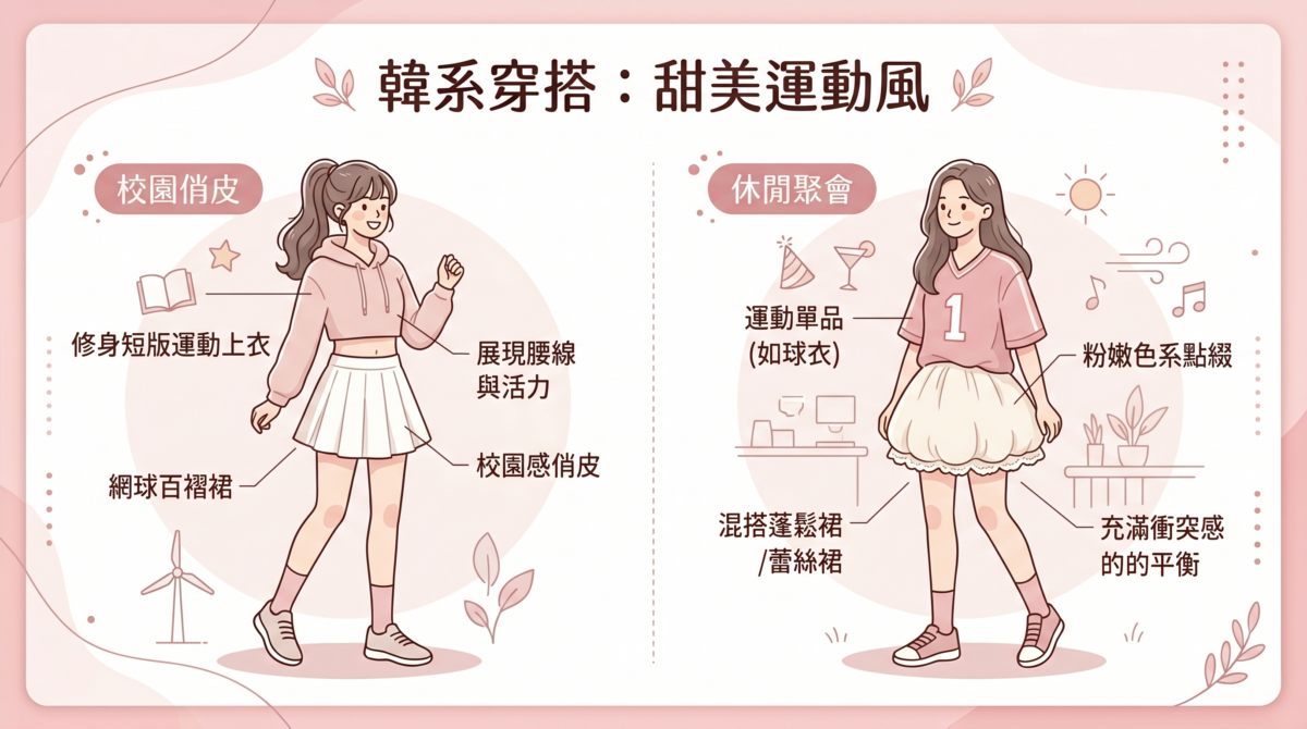 將硬派的運動裝束與柔軟的百褶裙結合，能瞬間平衡剛硬感。