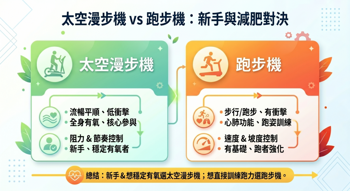 太空漫步機與跑步機對比圖：圖解兩者在運動衝擊、訓練部位及強度調整方式上的差異，輔助新手選擇減肥器材。