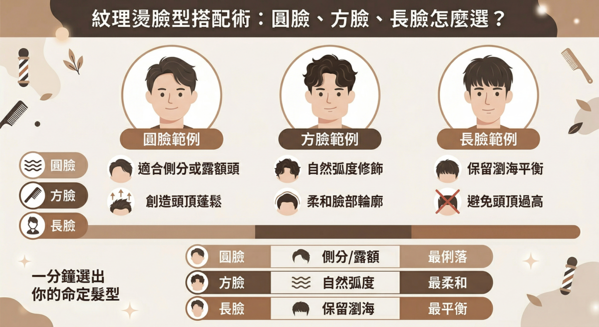 不同臉型的紋理燙選擇建議:圓臉適合側分露額、方臉適合自然弧度修飾、長臉適合保留瀏海,幫助平衡臉部比例的髮型圖表。