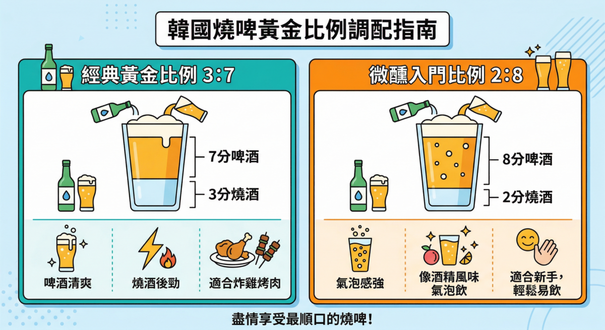 韓國燒啤黃金比例調配指南：介紹「3:7 經典比例」與「2:8 微醺入門比例」的調配方式與風味特點。