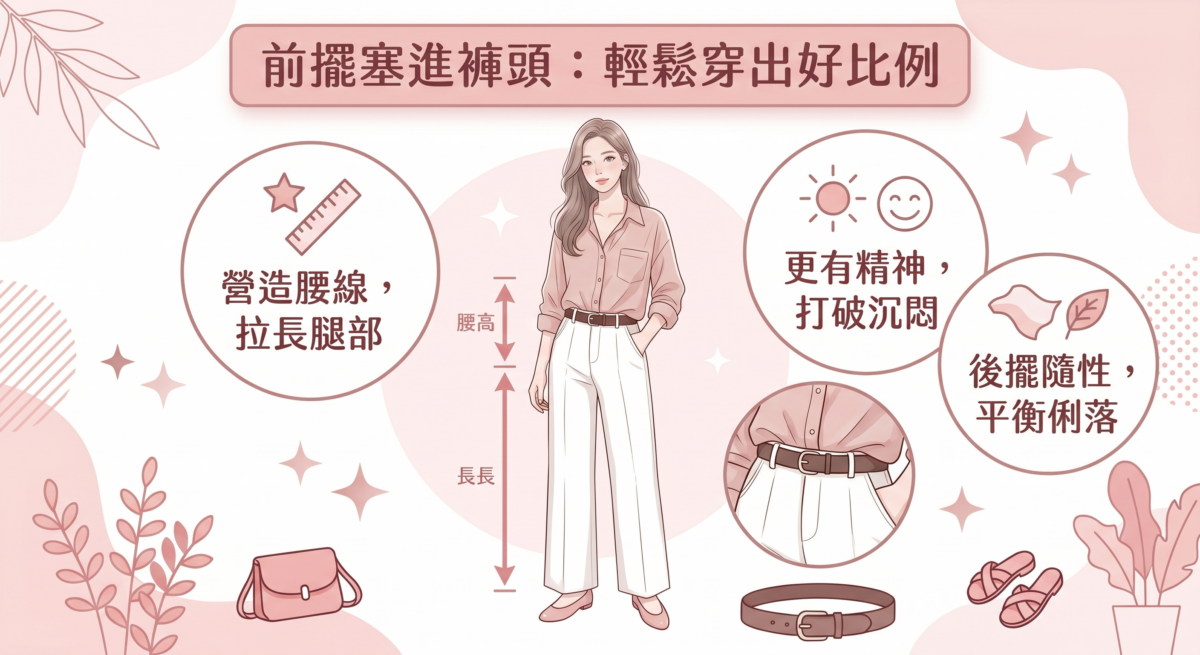 想解決恤衫看起來呆板的問題，只把前擺塞進褲頭是個很實用的魔法技巧。