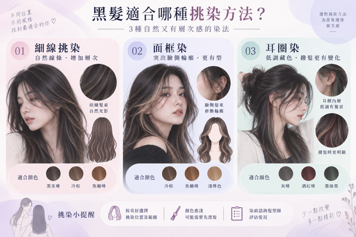 黑髮適合的3大挑染手法對比圖，包含細線挑染、面框染與耳圈染的位置特色、推薦髮色與風格優勢。