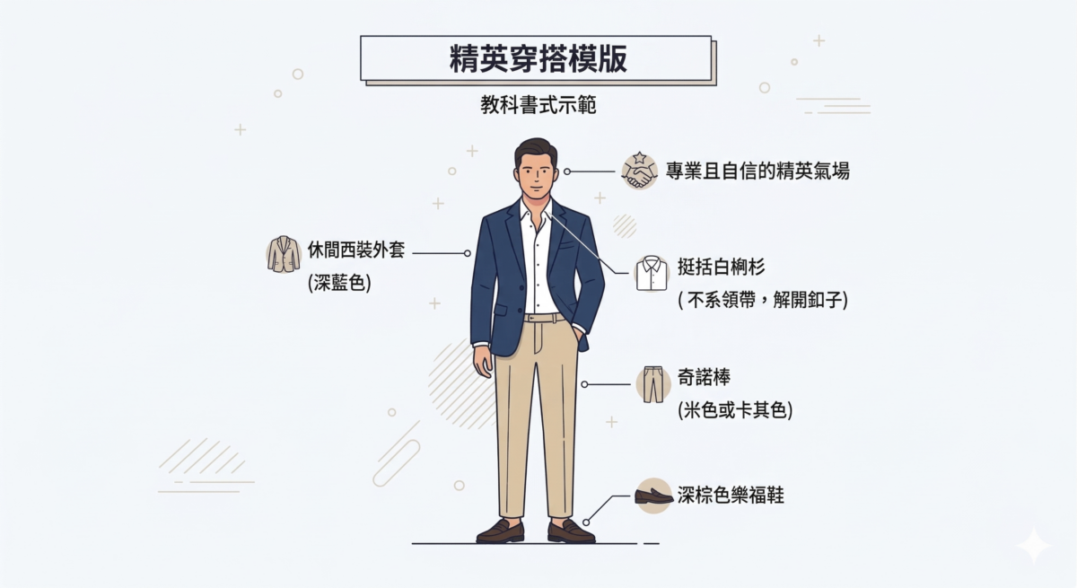 这是 Smart Casual 的教科书式模版。用一件深蓝色（Navy）的休闲西装外套，搭配米色或卡其色的奇诺裤，内搭一件质感挺括的白衬衫。