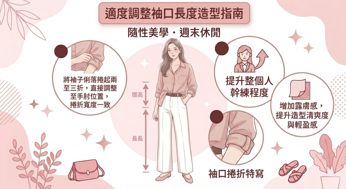 將袖子俐落捲起兩至三折，直接調整至手肘位置，能瞬間改變整個人的幹練程度。