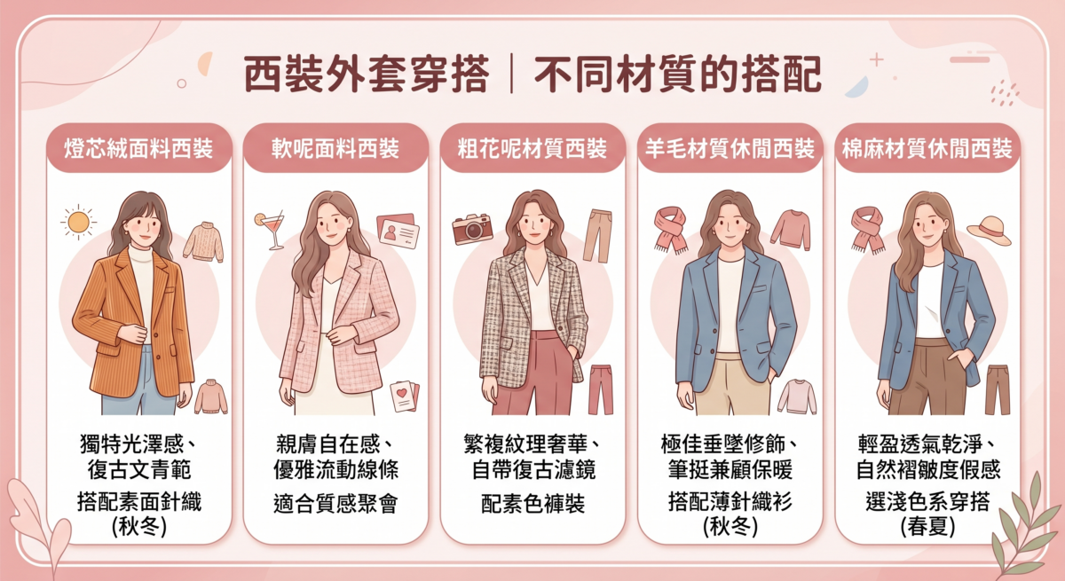 西裝外套穿搭教學圖表，介紹五種材質：燈芯絨（復古文青）、軟呢（優雅聚會）、粗花呢（奢華復古）、羊毛（筆挺保暖）與棉麻（輕盈度假），並分別標註了適合的季節與內搭建議。