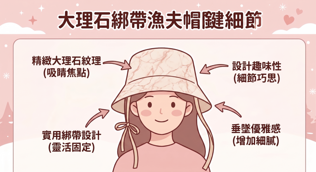 帽身帶有大理石紋理，是這款帽子最吸睛的地方，配備的綁帶設計不僅能固定帽位，也增加了設計的趣味性。