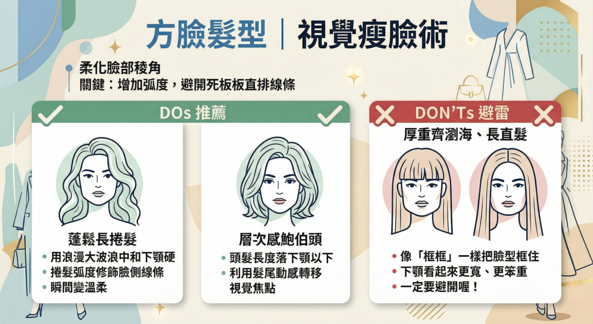 這是一張關於「方臉髮型」的資訊圖表，透過對比說明如何柔化臉部稜角。如蓬鬆長捲髮與層次感鮑伯頭，利用弧度修飾下顎線條；避免厚重齊瀏海與長直發，以免像框框一樣讓下顎顯得寬大笨重。