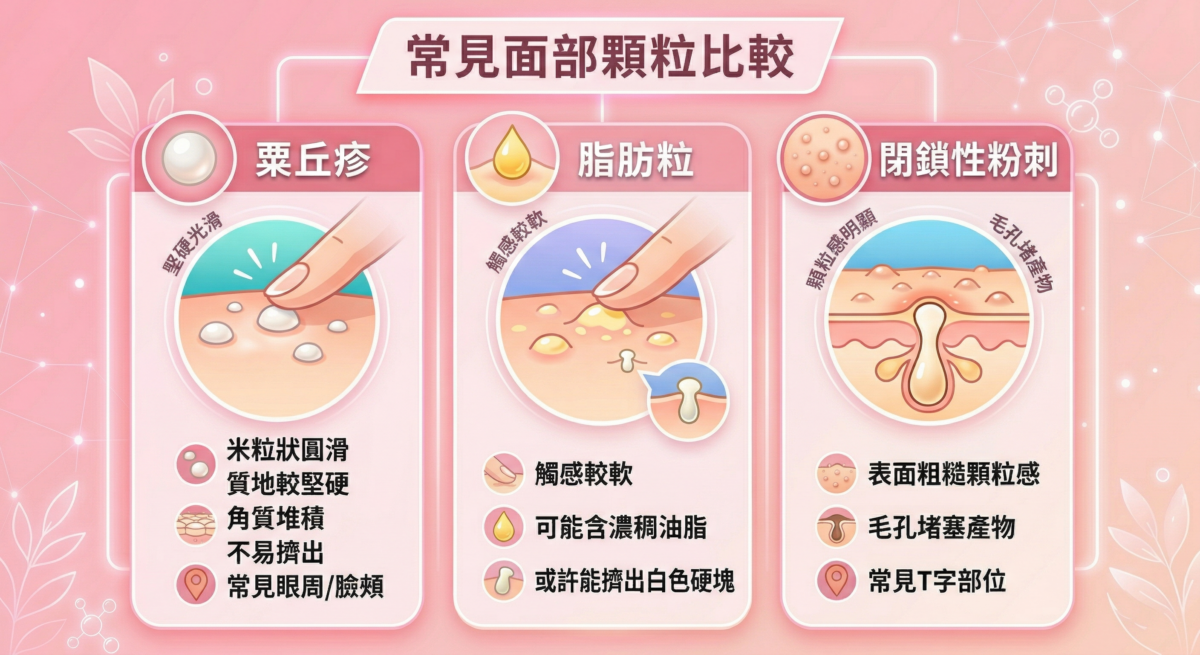這是一張關於「常見面部顆粒比較」的對比圖，左側為粟丘疹，描述其為米粒狀、質地堅硬且常見於眼周；中間為脂肪粒，觸感較軟且可能擠出白色硬塊；右側為閉鎖性粉刺，強調表面粗糙感與毛孔堵塞，常見於 T 字部位。每種顆粒皆配有皮膚剖面示意圖，幫助讀者辨識不同的面部瑕疵。