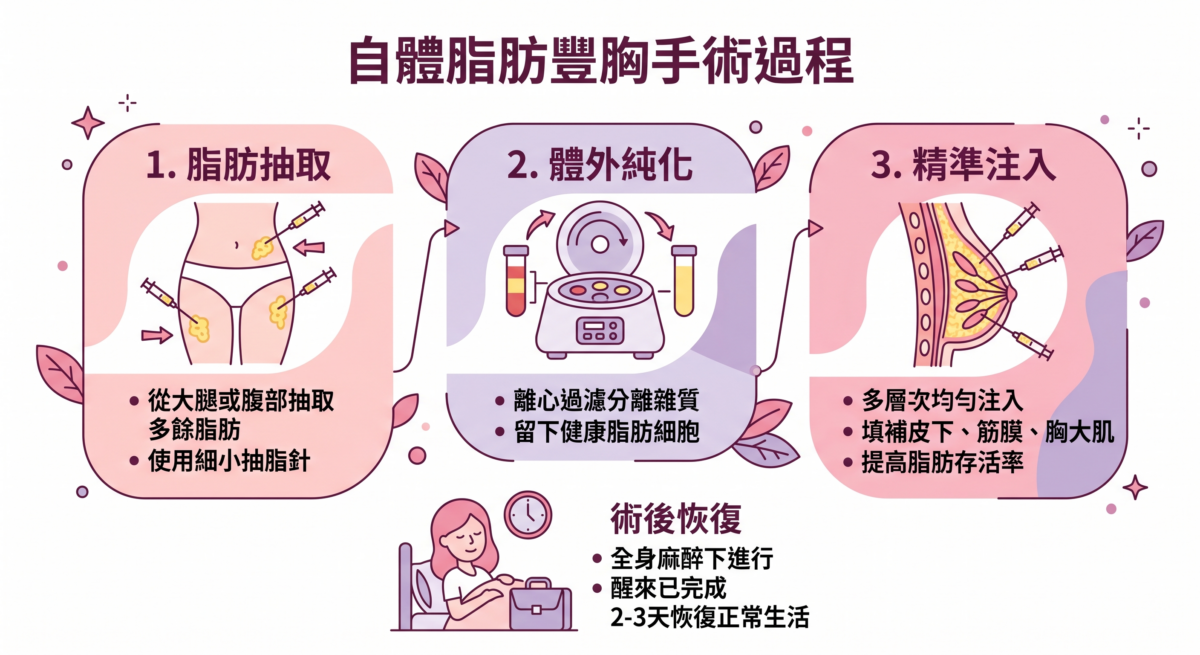 這張圖解說了自體脂肪豐胸的步驟：首先從大腿或腹部抽取多餘脂肪，接著透過離心過濾進行體外純化以留下健康脂肪細胞，最後將脂肪多層次精準注入胸部填補，並提到手術在全身麻醉下進行，術後約 2-3 天可恢復正常生活。