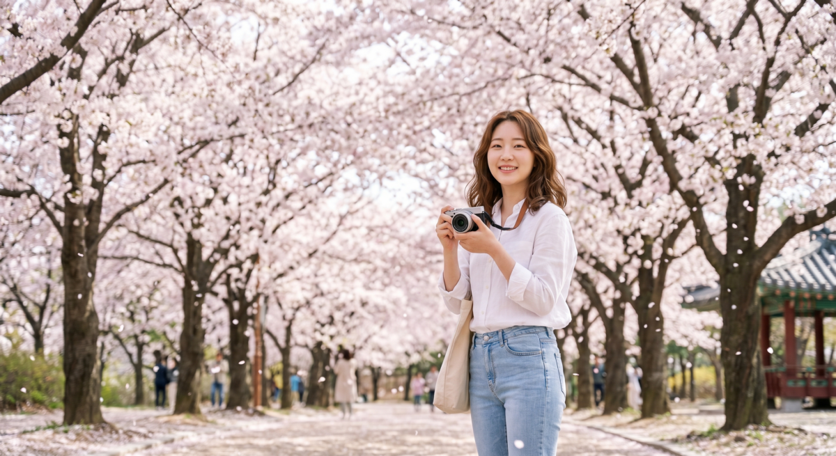 清新日常風最適合賞櫻拍照，可用淺色毛衣、白襯衫或米色外套搭配簡單下裝，營造自然耐看的春日感。