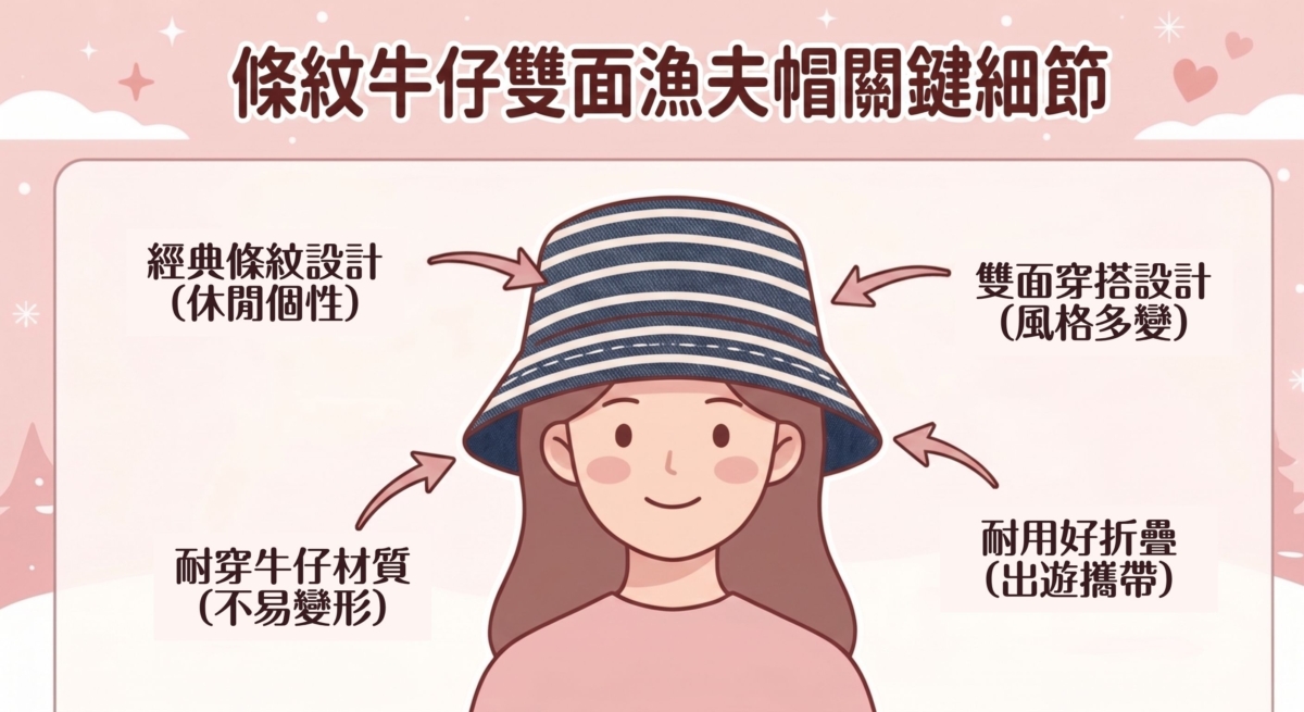 這款單品採用雙面穿搭設計，一面是經典條紋，另一面則是素色，一頂帽子就能變換兩種風格，極具實用性。