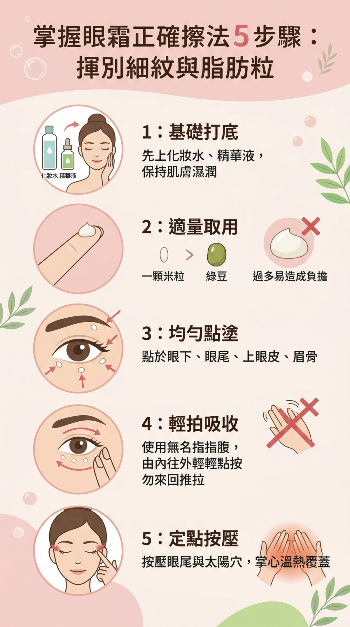 眼霜正確使用步驟圖解：包含使用無名指指腹、取米粒大小用量、分點點塗眼周、由內往外輕拍吸收以及最後輕按太陽穴的保養流程。