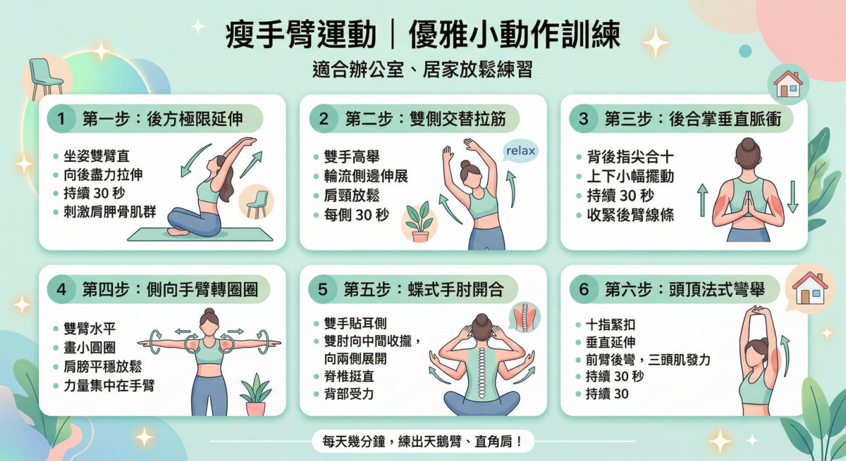 這是一張標題為「瘦手臂運動｜優雅小動作訓練」的教學資訊圖，以粉綠色為基調，展示了 6 個適合辦公室與居家的伸展動作，包含後方延伸、交替拉筋、後合掌脈衝等，每個步驟都附有動作插畫與詳細的文字指引。