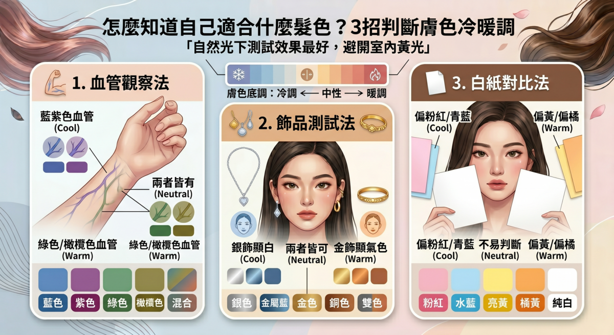 如何判斷膚色冷暖調圖解：透過血管顏色、金銀飾品及白紙對照三種方法，區分冷色調、暖色調與中性膚色的視覺指南。