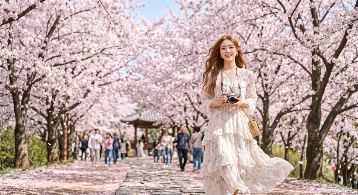 柔和仙氣風可選雪紡長裙、紗裙或輕薄連身裙等飄逸材質，讓櫻花照片更有層次和春日感。