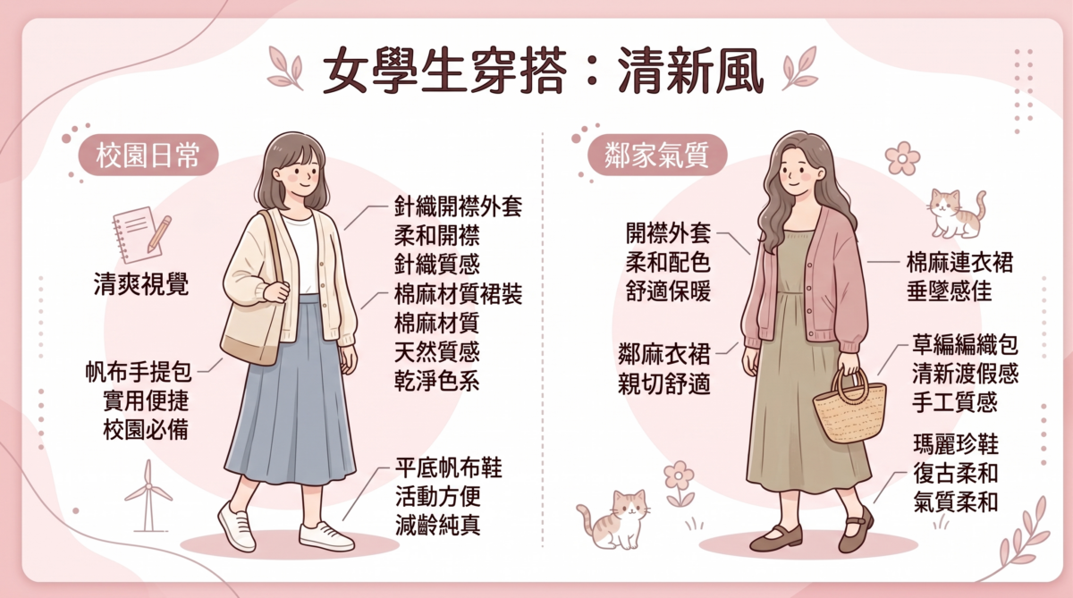 一件針織開襟外套搭配棉麻材質的裙裝，整體的視覺效果會非常清爽。