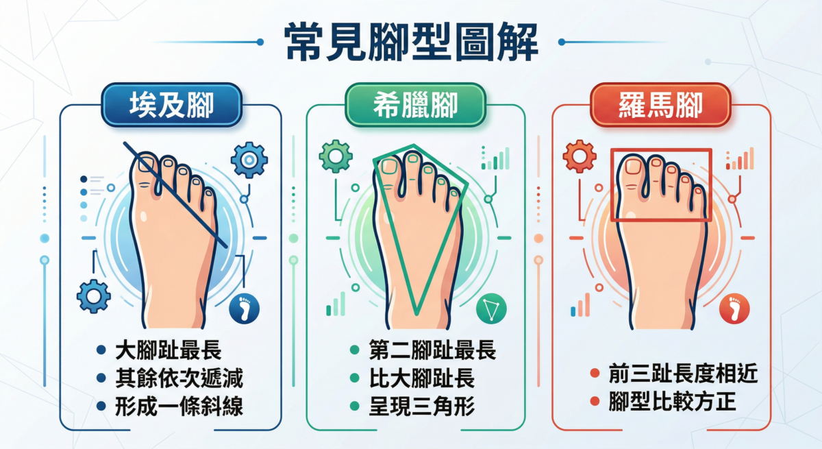 常見腳型圖解圖表，展示三種主要腳型特徵：埃及腳、希臘腳與羅馬腳。