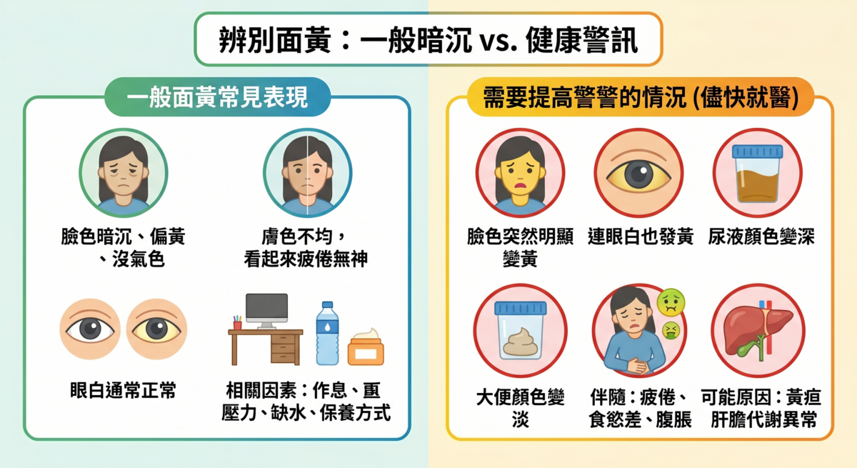 臉色發黃原因對照表：區分一般皮膚暗沉（臉色無光、眼白正常）與健康警訊（眼白發黃、尿液變深、糞便變淡）的特徵差異與就醫指引。