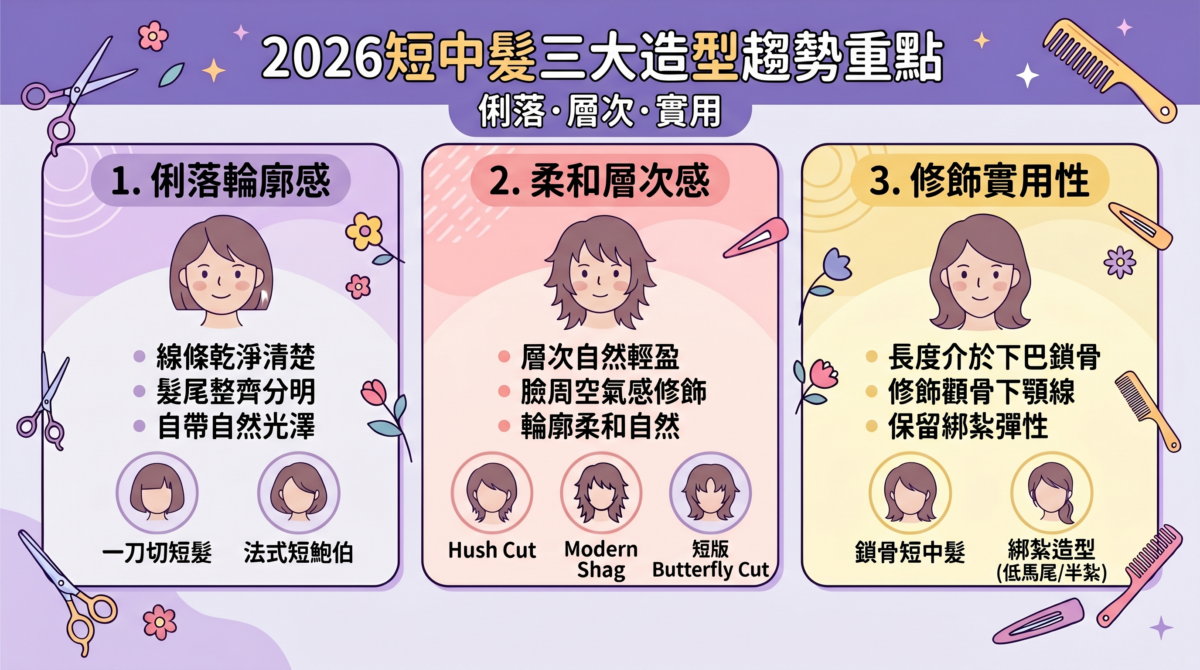 2026短中髮趨勢圖表，涵蓋俐落輪廓、柔和層次與修飾實用性三大重點，強調一刀切短髮與Hush Cut等流行元素。