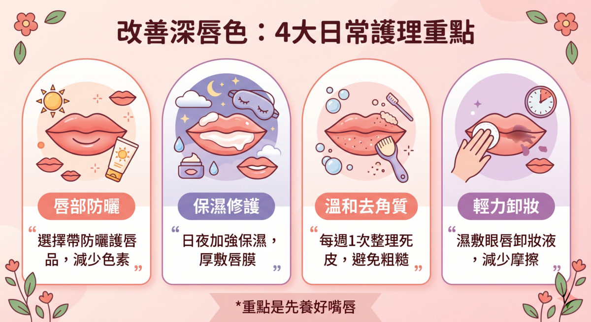唇色深改善教學資訊圖：整理4個日常護理重點，包含唇部防曬、保濕修護、去角質頻率與正確卸妝技巧，幫助減少色素沉澱。