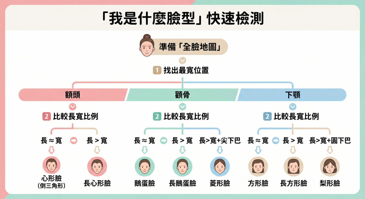 臉型判斷懶人包：透過臉部寬度、長寬比例、下巴線條判斷圓形臉、方形臉、鵝蛋臉、長形臉、心形臉及菱形臉的特徵與髮型建議資訊圖。