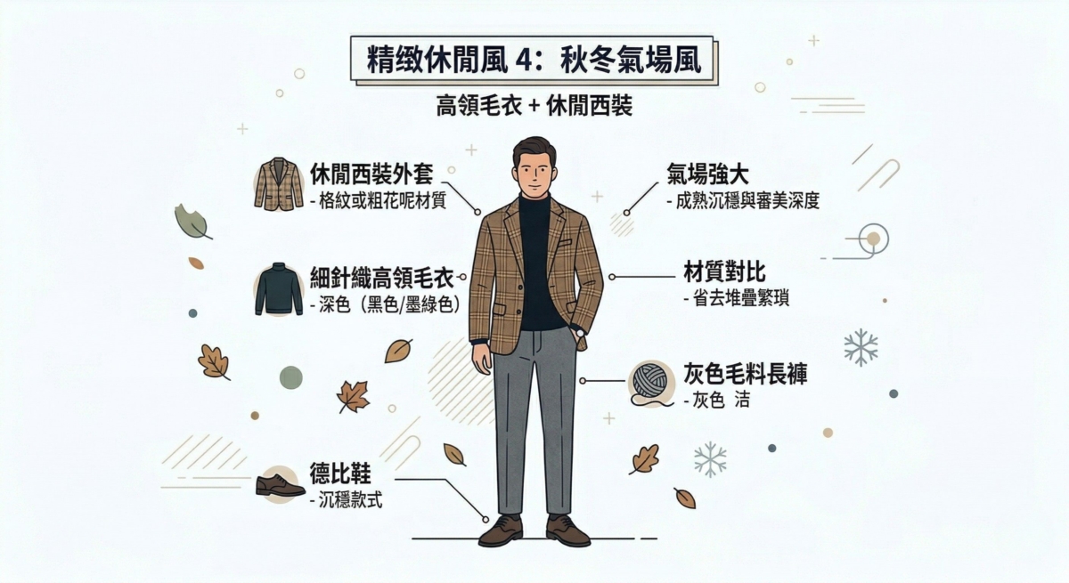 用一件深色（如黑色或墨绿色）的细针织高领毛衣作为内搭，外面套上一件格纹或粗花呢材质的休闲西装。