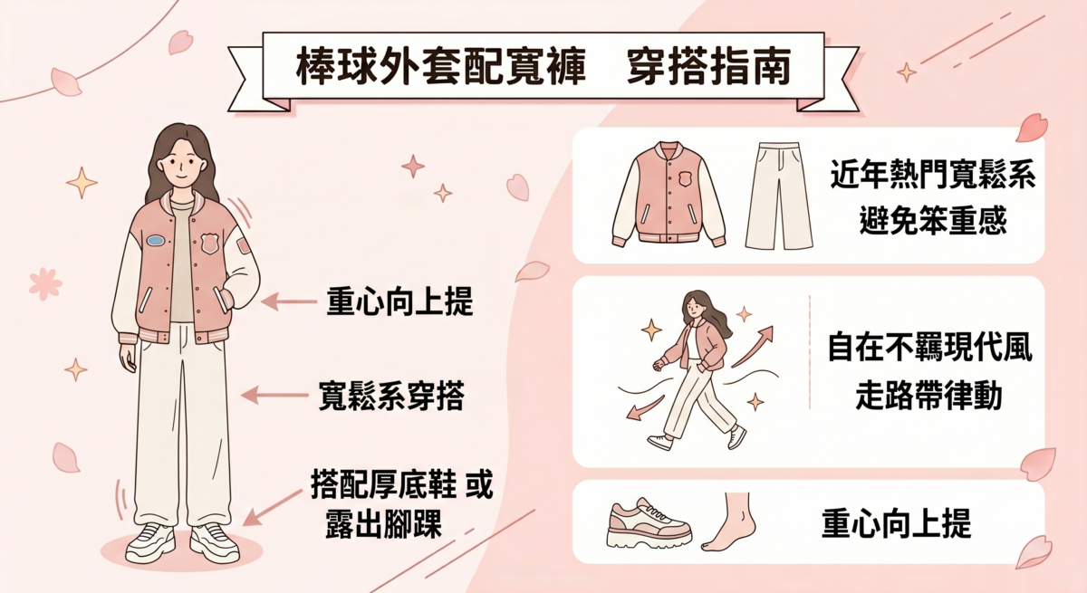 寬褲與棒球外套的結合，是近年來最熱門的寬鬆系穿搭，也就是俗稱的 Oversize Look。