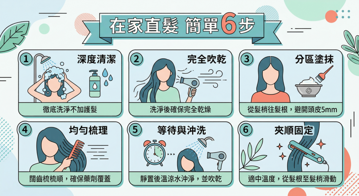 「在家直髮簡單 6 步」步驟教學圖表，詳細說明從深度清潔、完全吹乾、分區塗抹、均勻梳理、等待沖洗到最後夾順固定的完整操作流程。