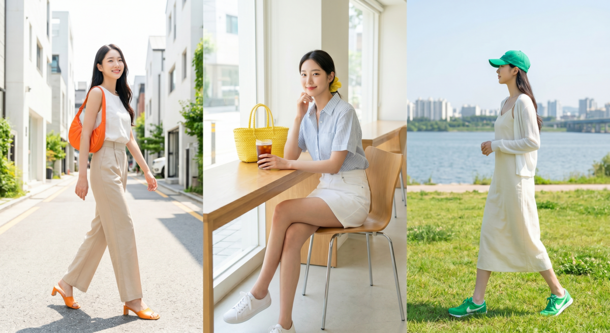 夏天想穿出活力感，可用包包、鞋子、髮飾或上衣加入小面積亮色，讓整體更有重點又不會太雜。