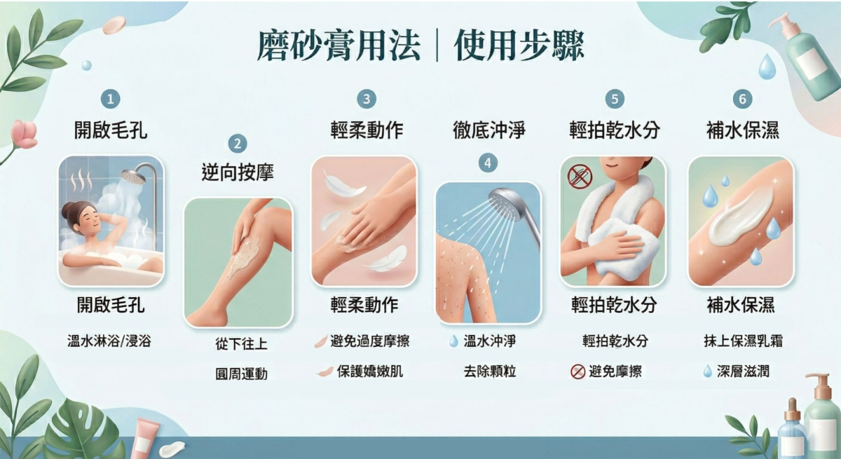 這是一張解釋「磨砂膏用法」的繁體資訊圖表，依序介紹了六個步驟：1. 開啟毛孔、2. 逆向按摩、3. 輕柔動作、4. 徹底沖淨、5. 輕拍乾水分以及6. 補水保濕。