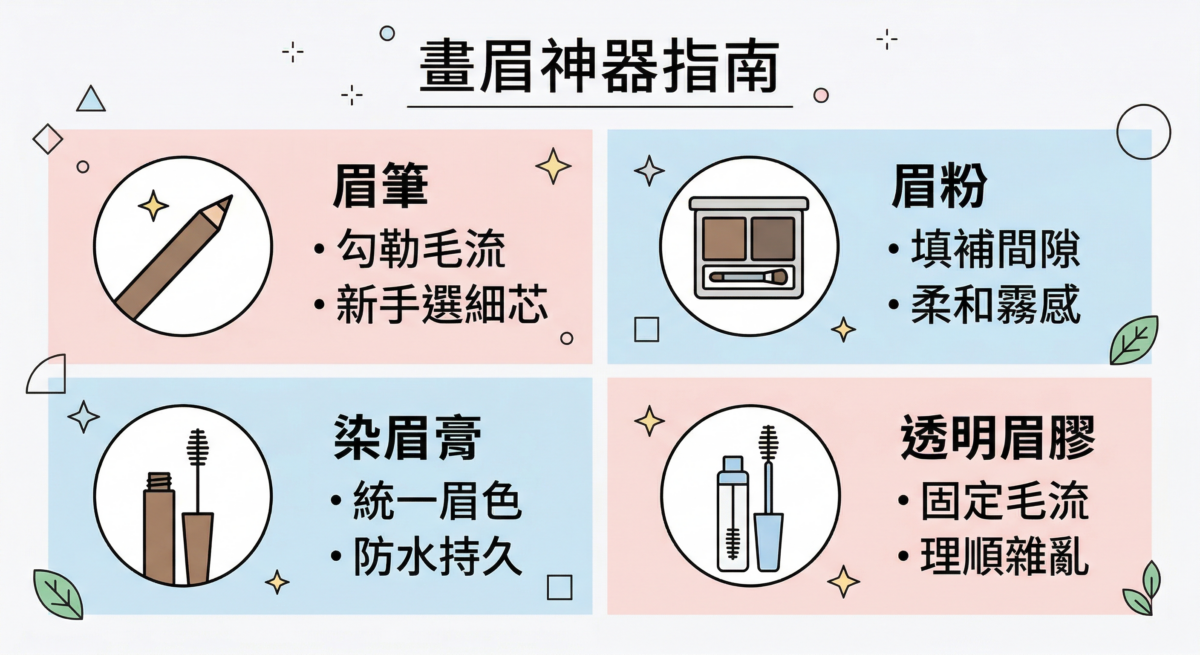 「畫眉神器指南」圖表，介紹了眉筆、眉粉、染眉膏及透明眉膠四種眉彩工具的功用與特點。