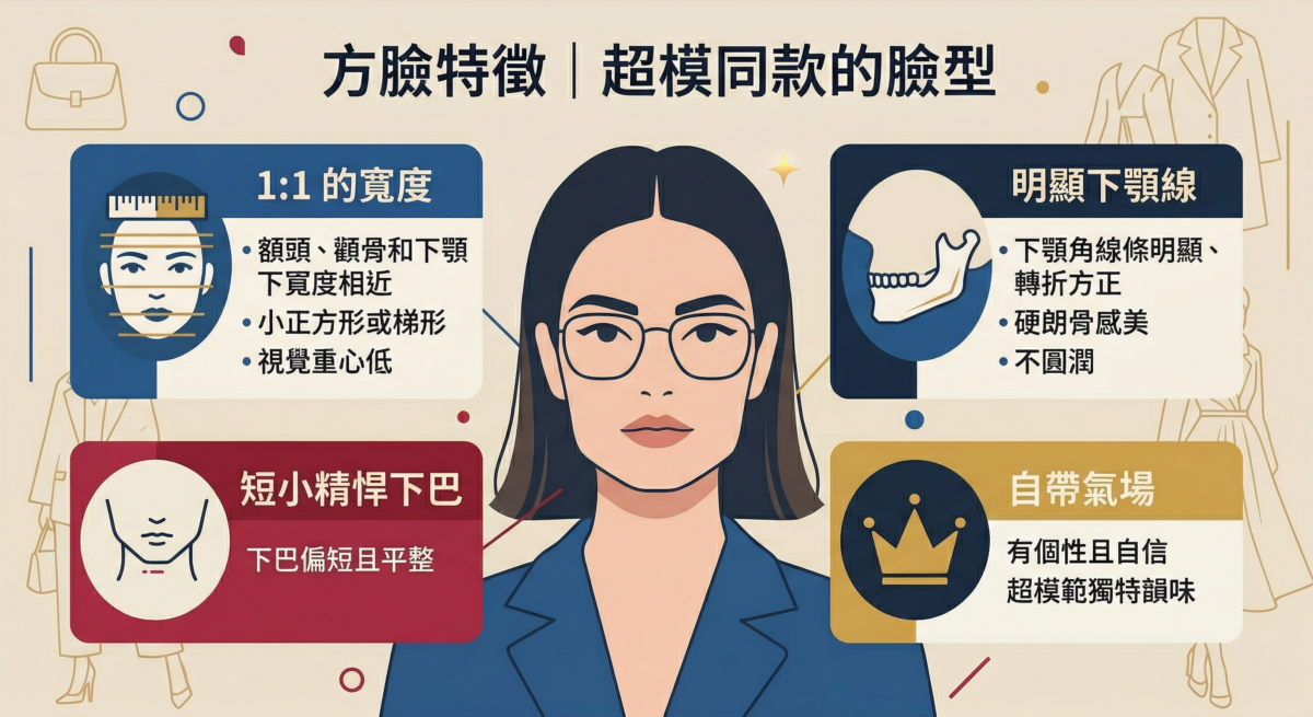 這是一張「方臉特徵」的資訊圖表，中央有一位戴眼鏡的方臉女性插畫，分別為1:1 的寬度、明顯下顎線、短小精悍下巴以及自帶氣場。