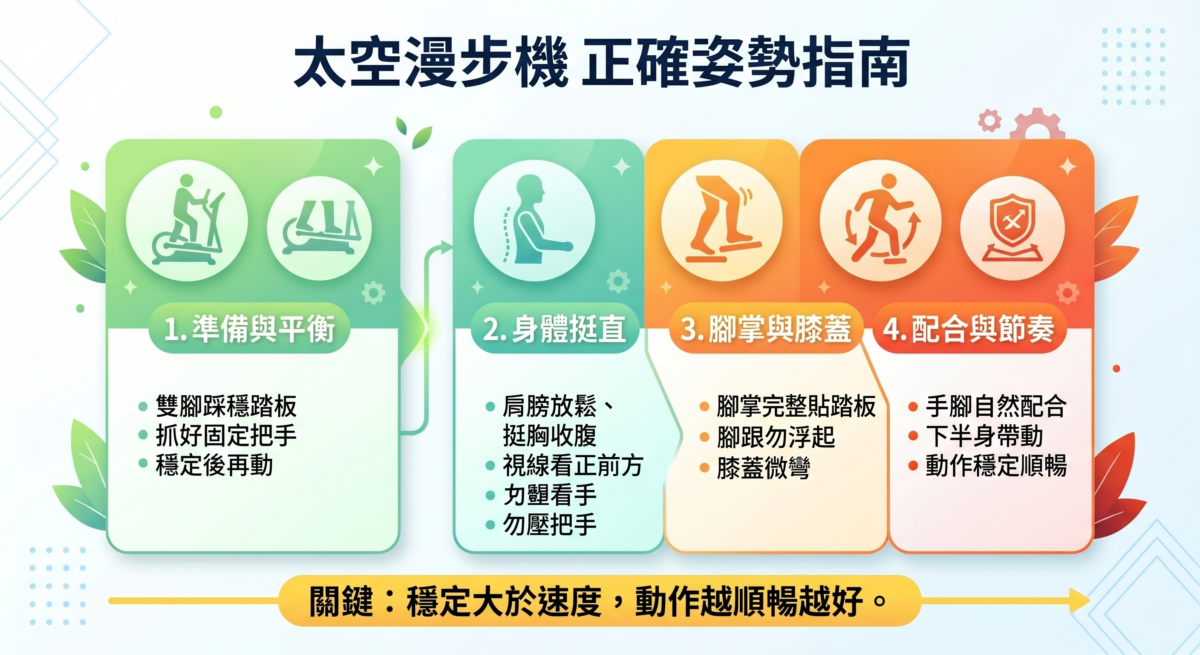 太空漫步機正確姿勢教學圖：展示身體直立、肩膀放鬆、全腳掌貼合踏板及膝蓋微彎的運動要領。