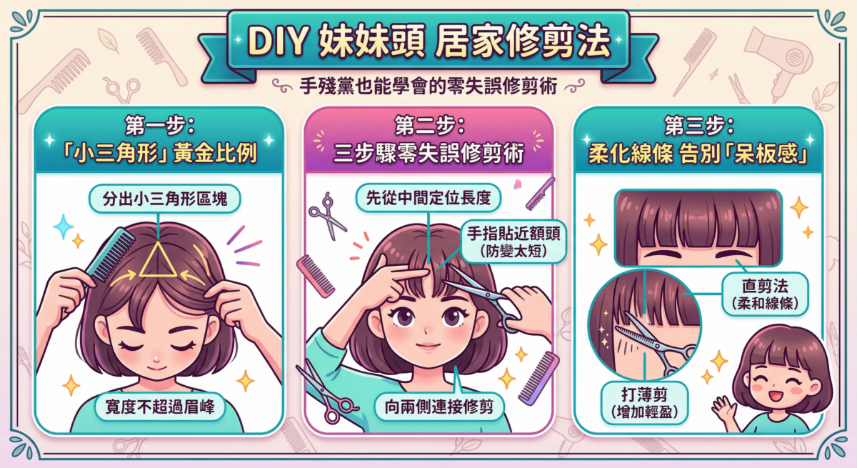 DIY 妹妹頭居家修剪法教學圖卡：透過幾個步驟，教導初學者如何在家自行修剪零失誤的瀏海。