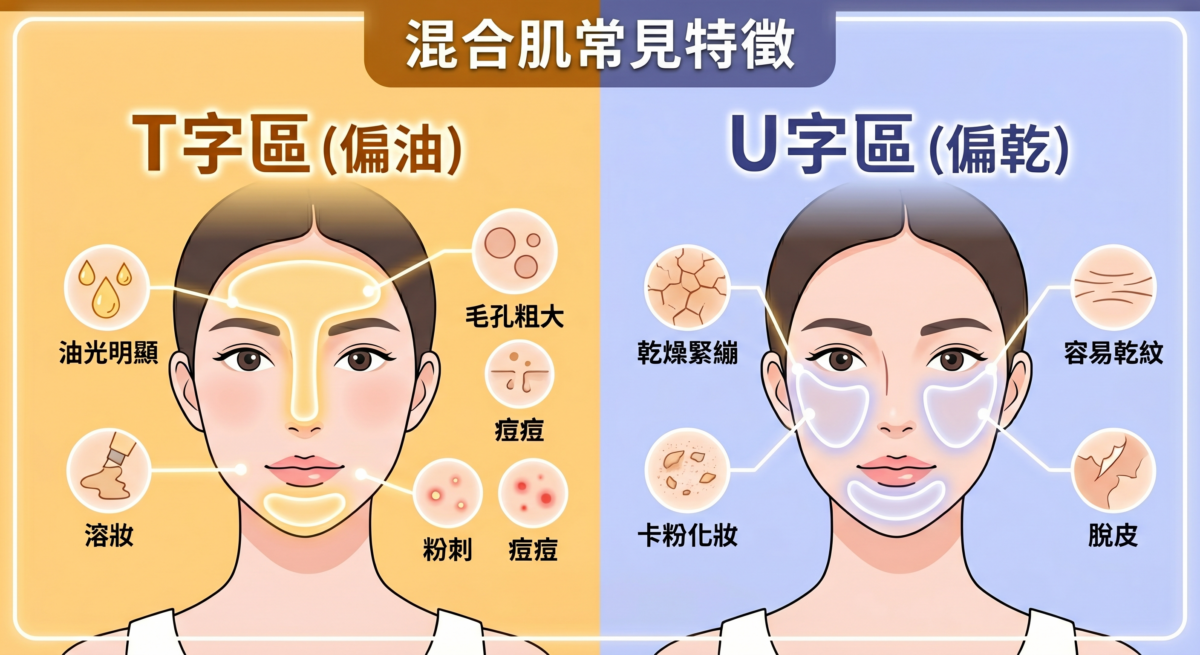 混合肌膚特徵分析圖：T字部位（額頭、鼻翼）油性困擾與U字部位（兩頰、臉側）乾性困擾對比與分區保養指南。