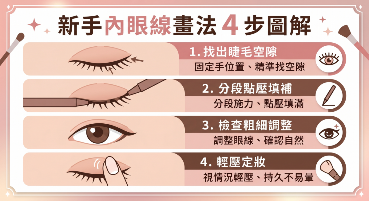 內眼線畫法教學資訊圖,包含固定手部、分段點壓睫毛根部、檢查線條與眼影定妝的四個新手步驟示意。