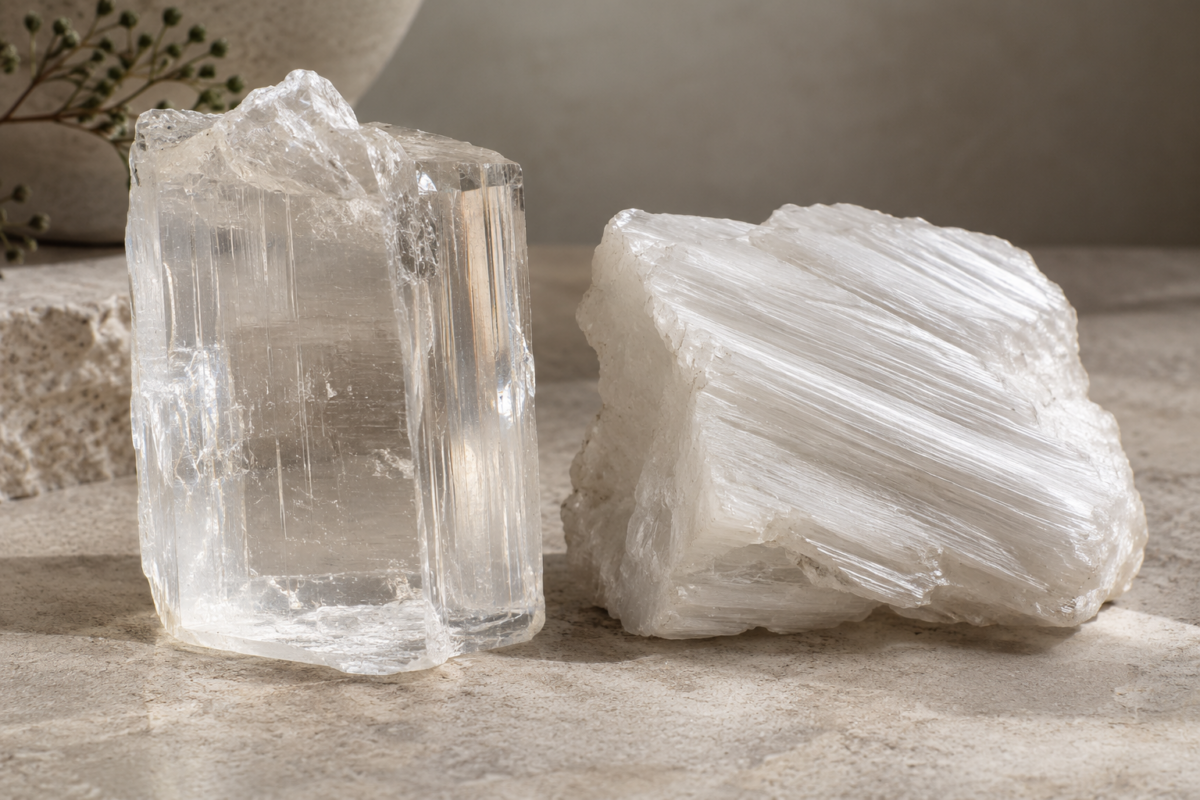 透石膏（Selenite）是主要成分為含水硫酸鈣的石膏晶體，通常呈透明或半透明狀，外觀清透。