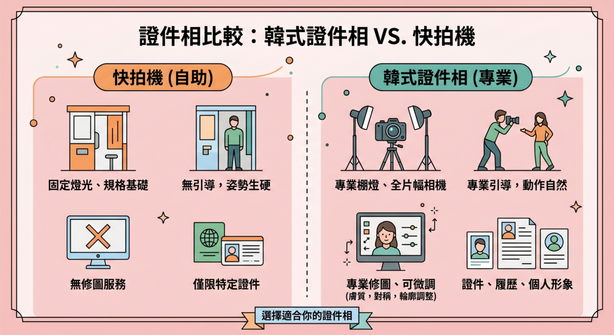 這是一張「證件相比較：韓式證件相 VS. 快拍機」的資訊圖表，對比了自助快拍機與專業韓式證件相在燈光器材、拍攝引導、修圖服務及應用範圍的差異。