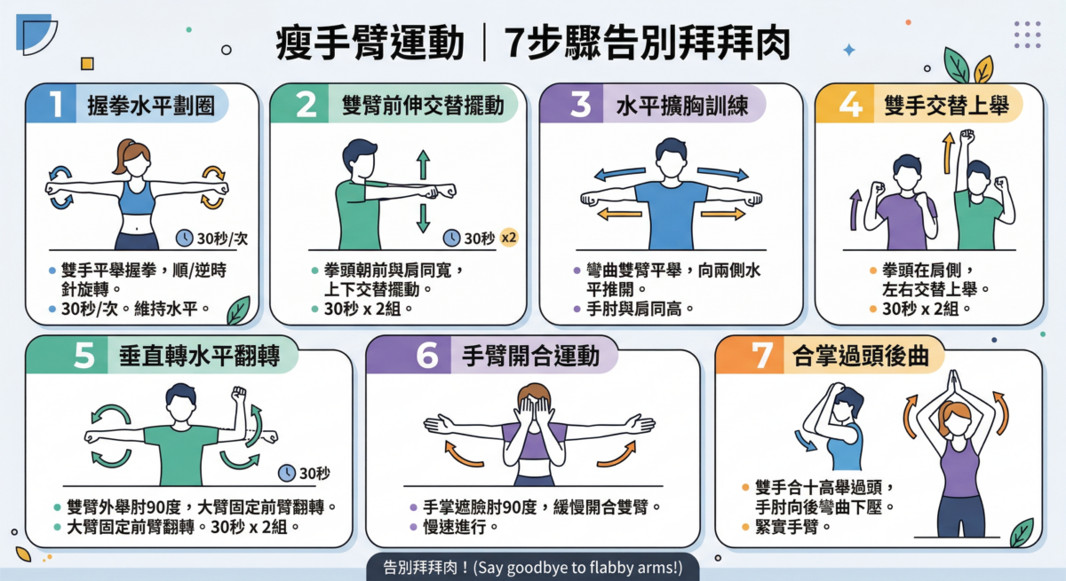 這是一張標題為「瘦手臂運動｜7 步驟告別拜拜肉」的運動教學圖，透過簡約的男女角色插畫展示了 7 組強化手臂線條的動作（如水平劃圈、手臂開合等），並標註了建議運動時間與動作要領，底部寫有「告別拜拜肉！」的標語。