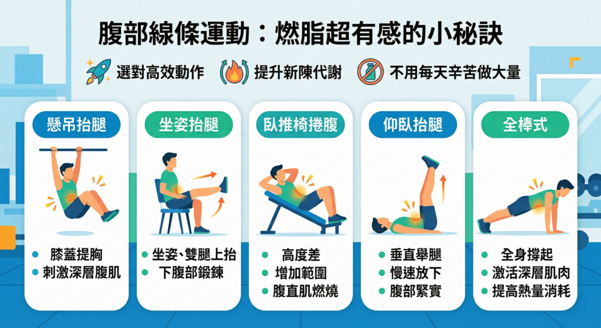 這張資訊圖表為「腹部線條運動」，以五個藍綠色區塊介紹高效腹肌動作，包括懸吊抬腿、坐姿抬腿、臥推椅捲腹、仰臥抬腿以及全棒式，每個動作均配有展示正確姿勢與訓練重點說明。