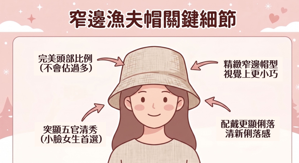 窄邊設計能讓帽型視覺上更為精緻小巧，不會佔據過多頭部比例。