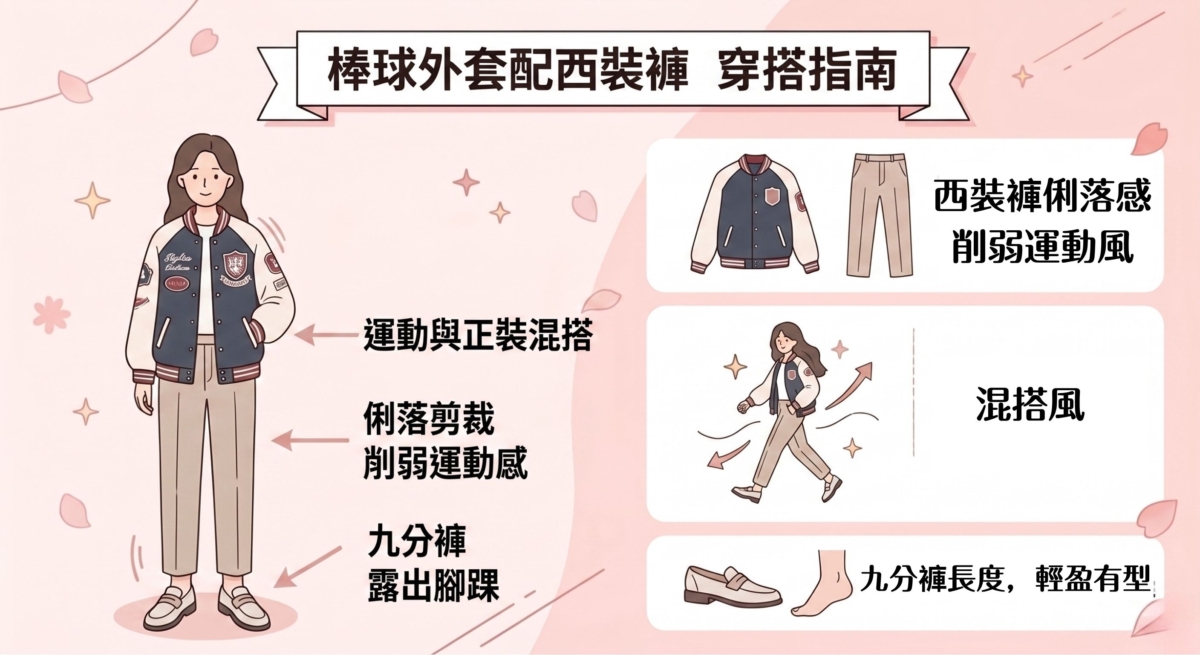 西裝褲的俐落感能削弱棒球外套本身的運動氣息，展現出衝突美感