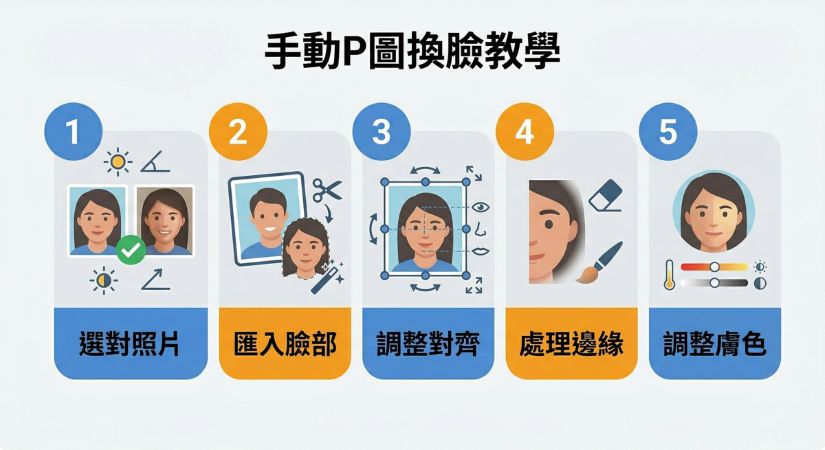 手動P圖換臉教學資訊圖：包含挑選素材、五官對齊、縮放調整、邊緣羽化融合及膚色明暗微調的5個專業修圖步驟。