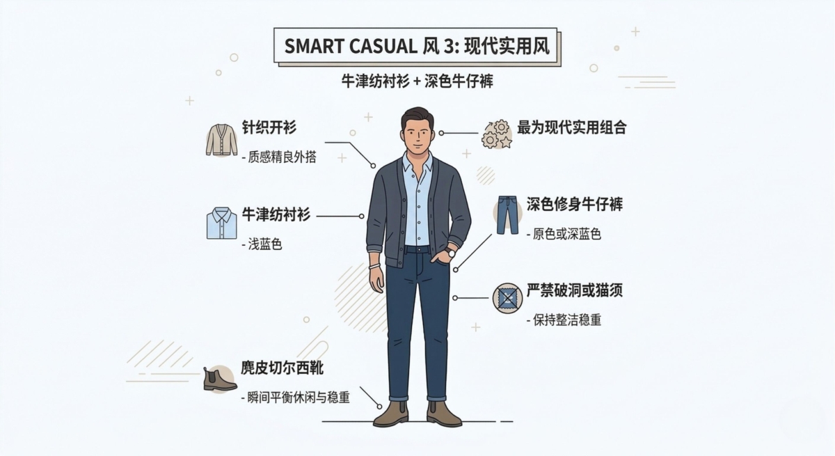 上身搭配一件浅蓝色的牛津纺衬衫，外套可以是一件质感精良的针织开衫或工装夹克。