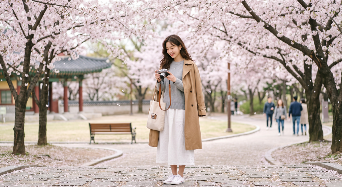 文藝簡約風適合不想太甜或太正式的人，可用淺灰針織衫、米白上衣、卡其褲或簡約風衣，穿出乾淨自然的賞櫻氛圍。
