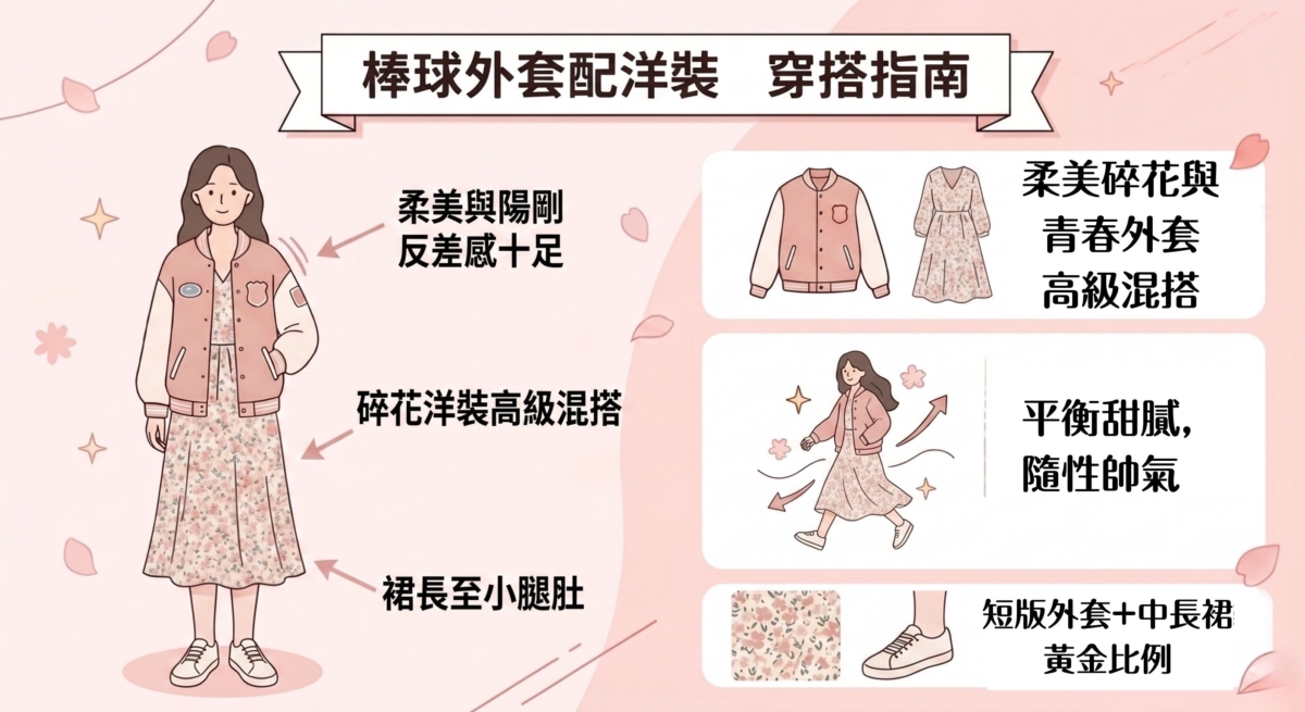 柔美的碎花洋裝與陽剛的棒球外套碰撞出強烈的反差感，是許多時尚街拍中常見的高級混搭。