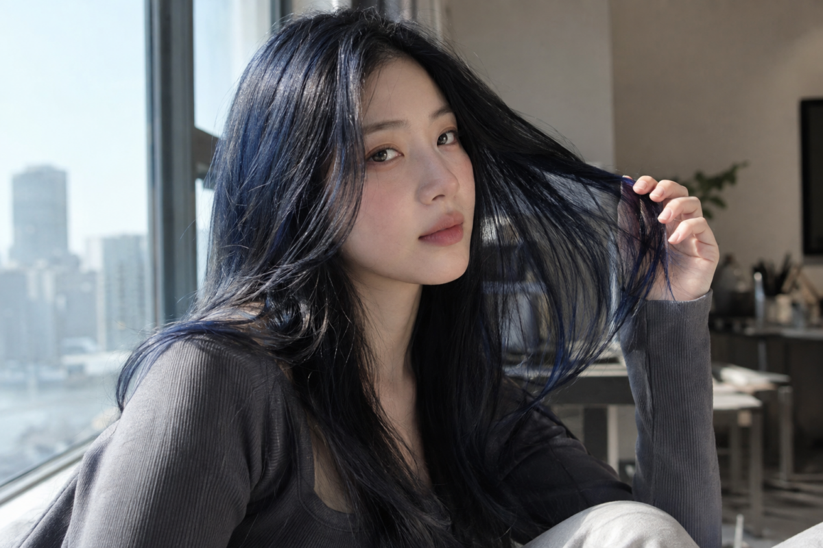 深藍黑挑染以細線或髮尾染為黑髮增添冷調層次，在充足光線下透出自然藍感。