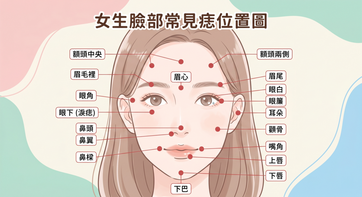 臉部痣相位置解析資訊圖，標記額頭事業運、眉中貴人、眼睛桃花運、鼻子財運、嘴巴人緣及下巴晚運的詳細位置對照圖。