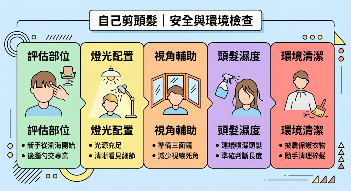 居家剪髮前的 5 項安全與環境檢查：包含評估部位、燈光配置、視角輔助、頭髮濕度及環境清潔。