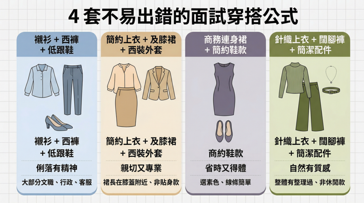 4套面試穿搭公式圖表：包含襯衫配西褲、上衣配及膝裙、商務連身裙以及針織衫配闊腳褲的視覺組合建議，適合文職、行政、創意及一般辦公室面試。